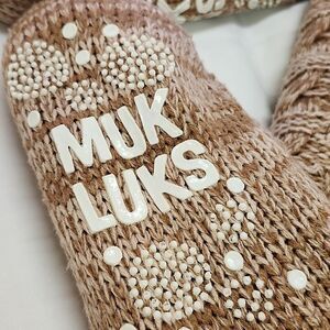 MUK LUKS Pink Cabin Slipper Long Knit Socks Insulated Layer w Grip Cold Weather